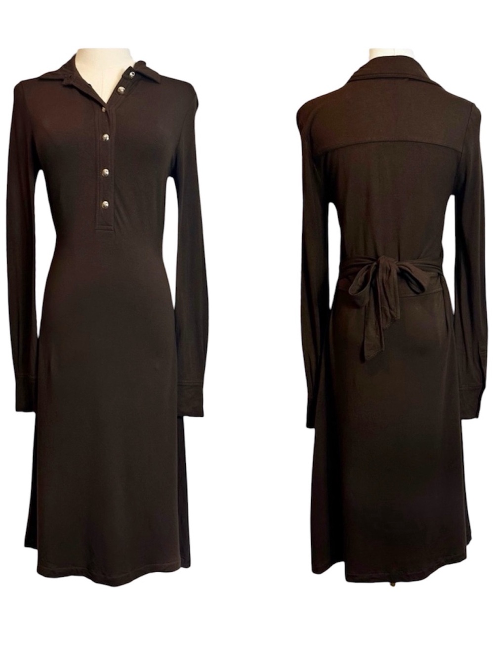 J. Crew Dark Chocolate Brown Long Sleeve Tie Waist Midi Dress